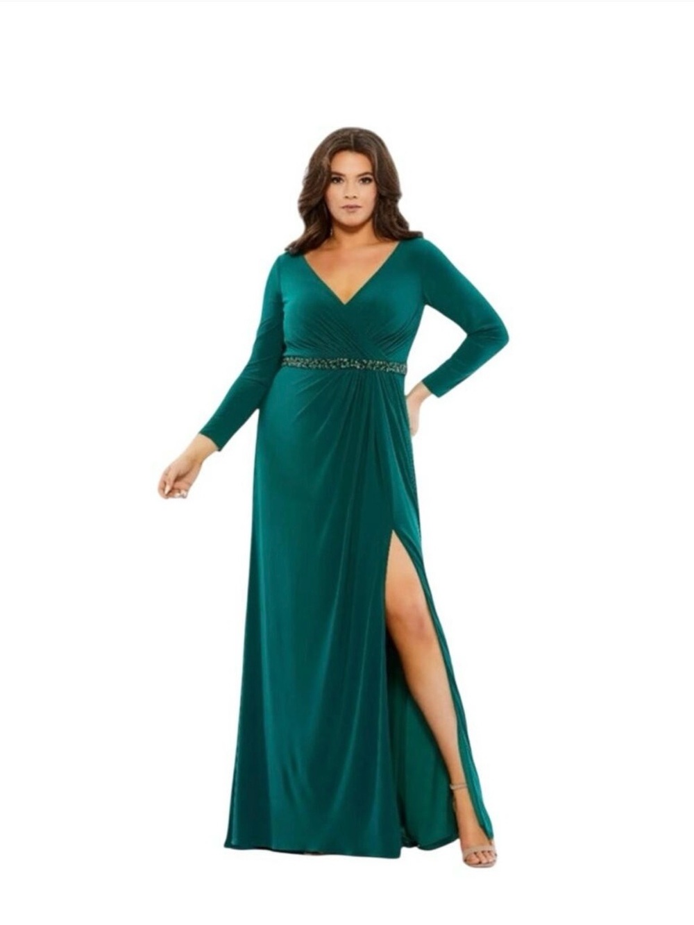 MAC DUGGAL Dress Size 18 / Size 18W Evening Gown Sequin Green Beaded Belt Jersey